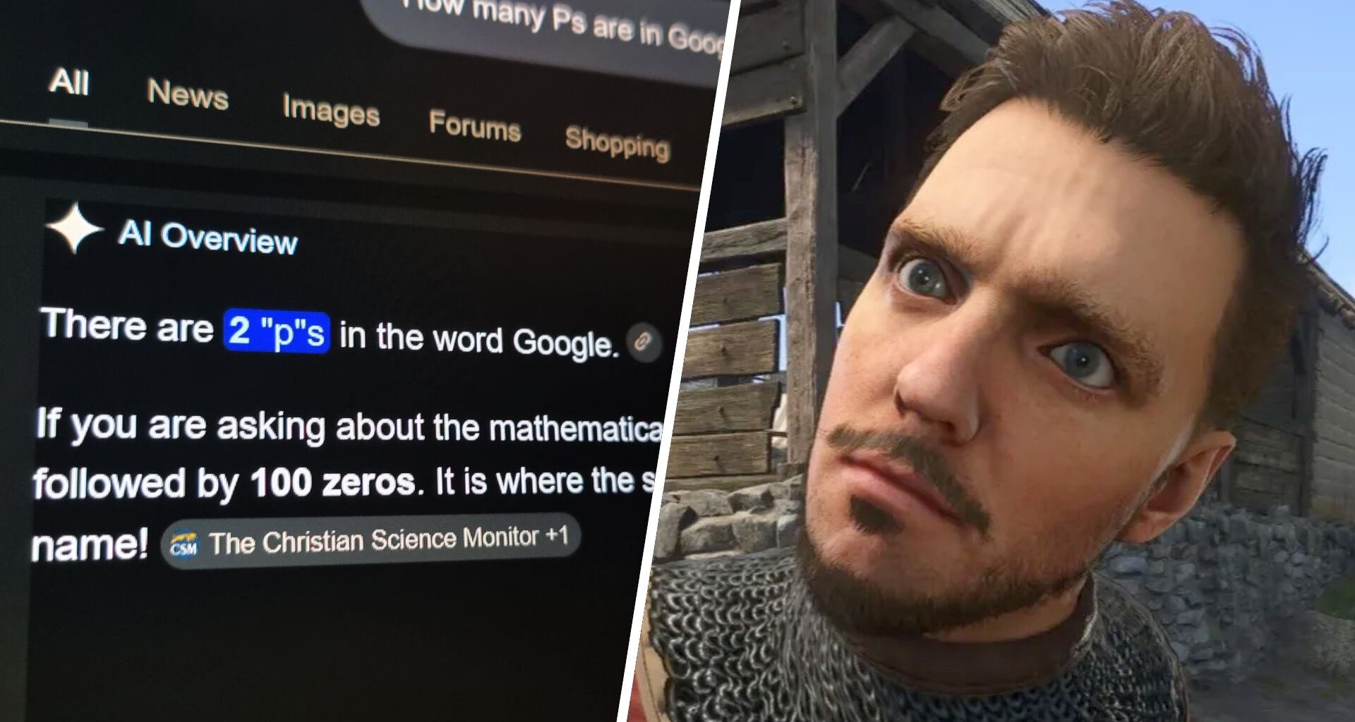 A split image of Google's AI Overview results and Henry from Kingdom Come Deliverance 2