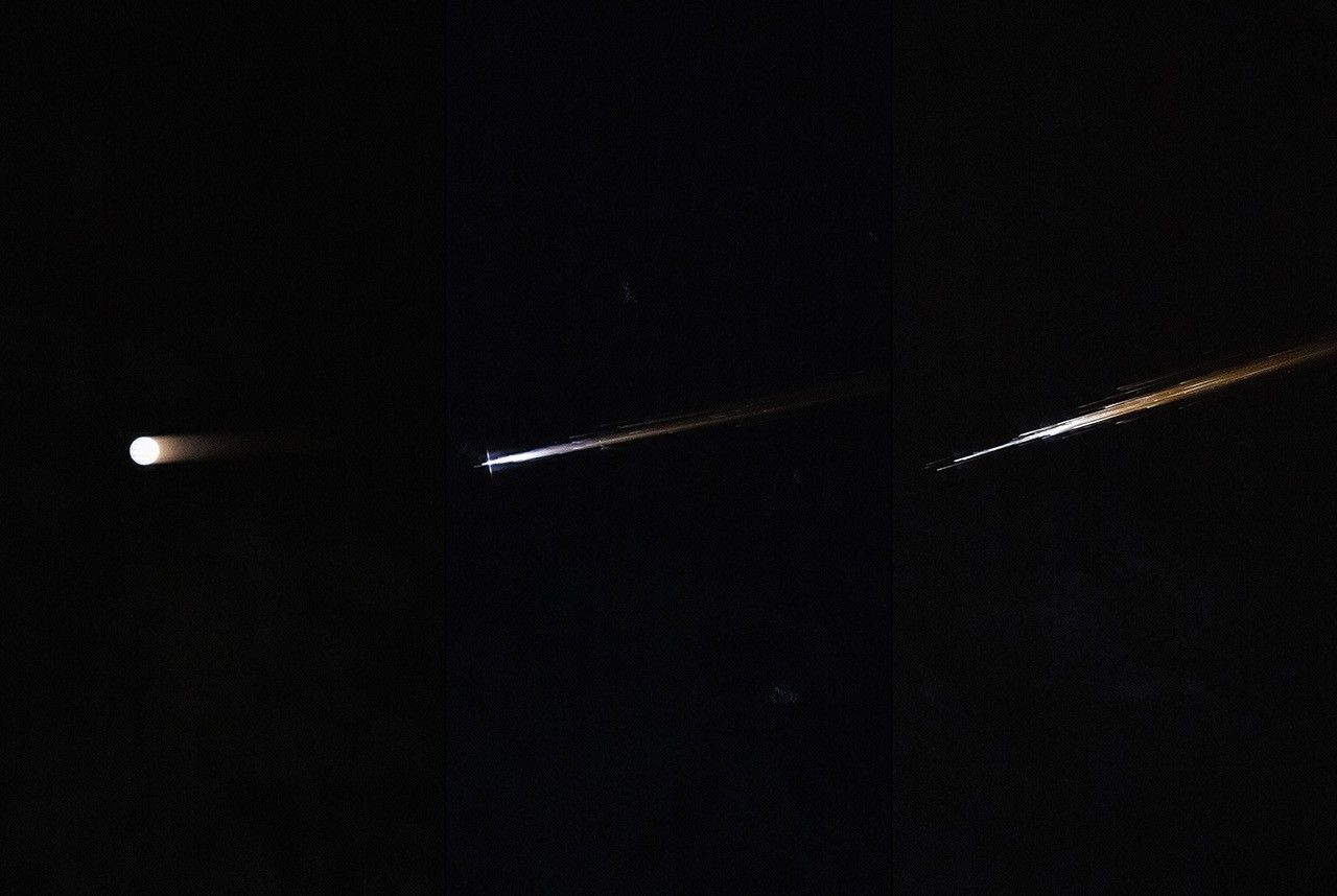 An object in space first appears as a circular point of light (left), develops a longer tail with a white debris field streaking behind (center), and becomes an elongated debris trail that turns orange at its end (right).