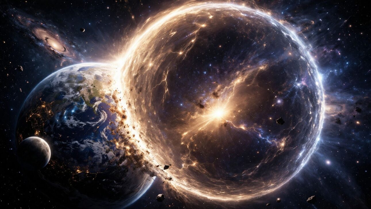 Estudo simula decaimento do falso vácuo e revela como o Universo poderia mudar abruptamente, com bolhas se expandindo à velocidade da luz.
