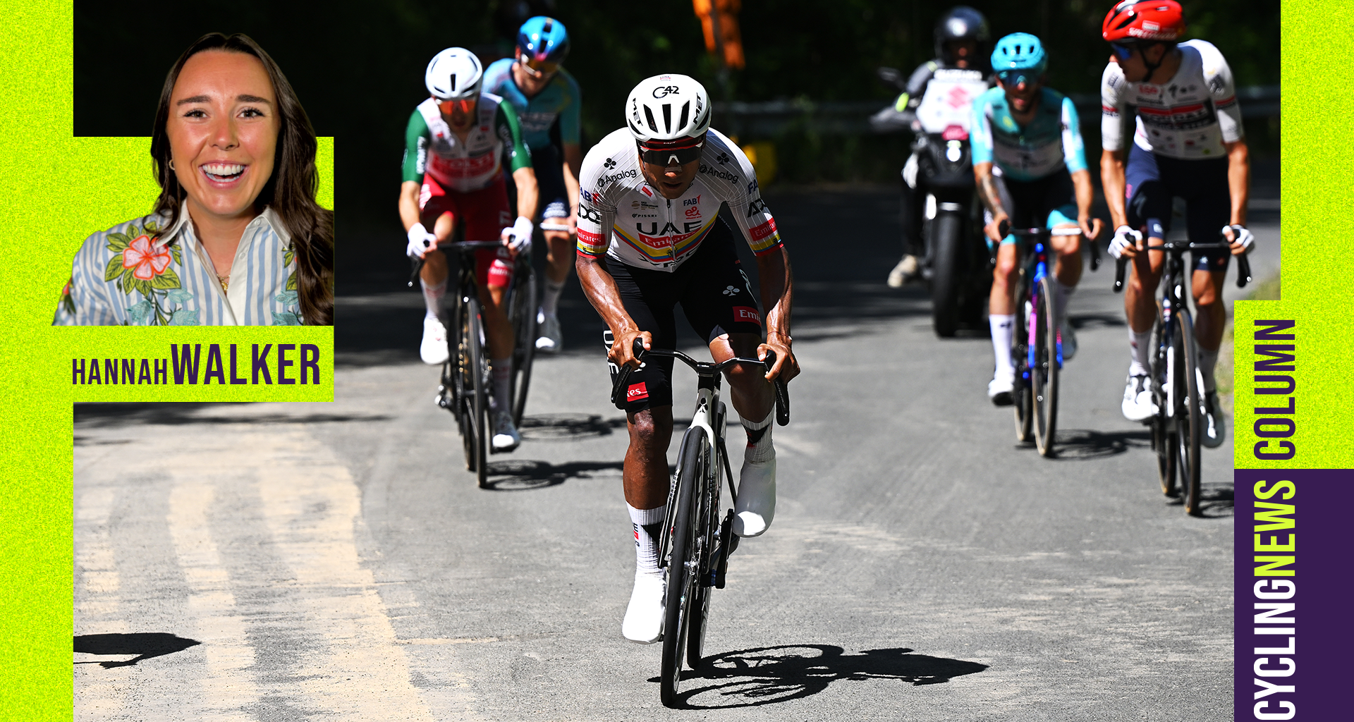 Photo of Jhonatan Narvaez attacking the breakaway during a stage of the Giro d'Italia, overlaid with Cyclingnews column graphics and a smiling photo of Hannah Walker