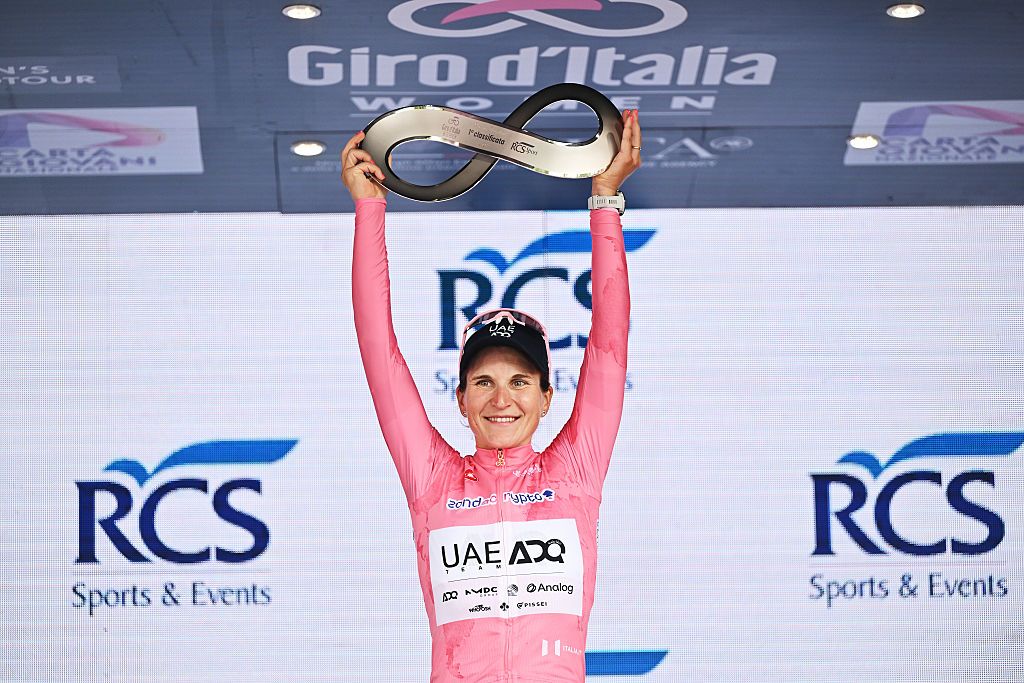 Elisa Longo Borghini (UAE Team ADQ) celebrates winning the 2025 Giro d'Italia Women 2025, in Imola, Italy. (Photo by Luc Claessen/Getty Images)