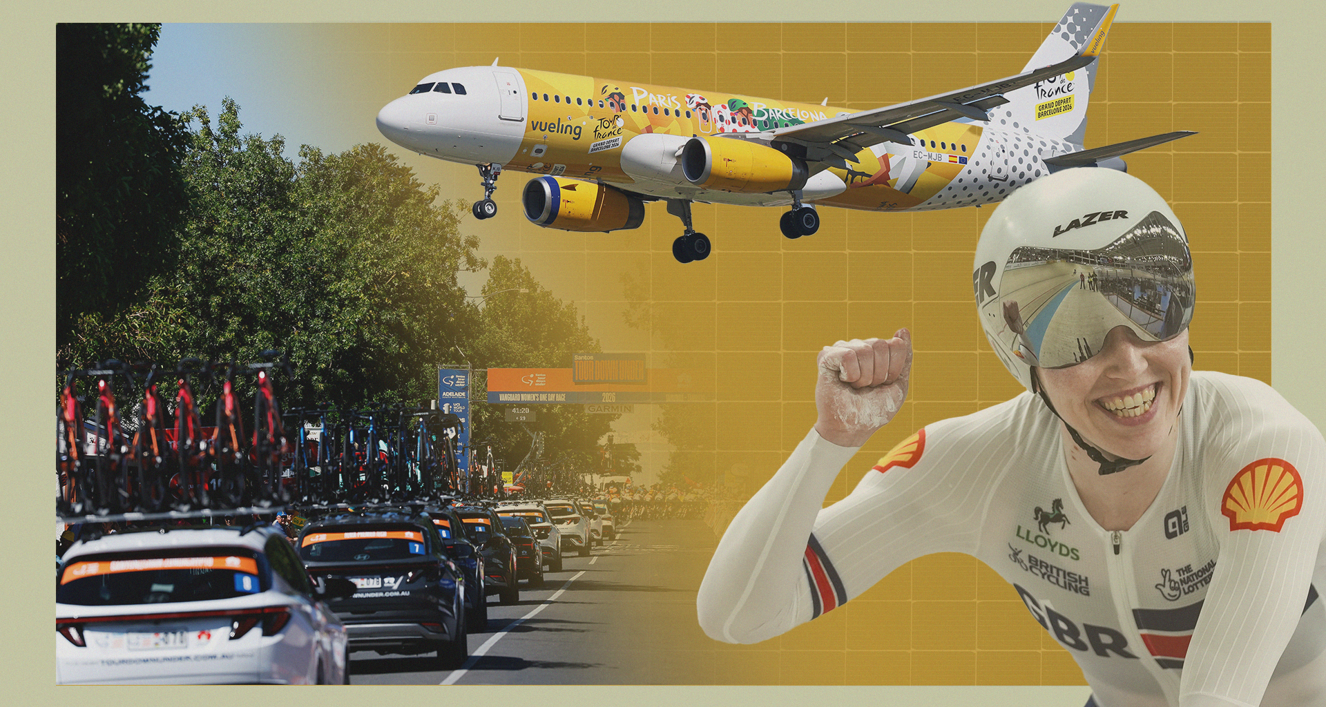 Collage of images including a Tour Down Under team convoy, British track cyclist, and Tour de France-themed aeroplane