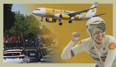 Collage of images including a Tour Down Under team convoy, British track cyclist, and Tour de France-themed aeroplane