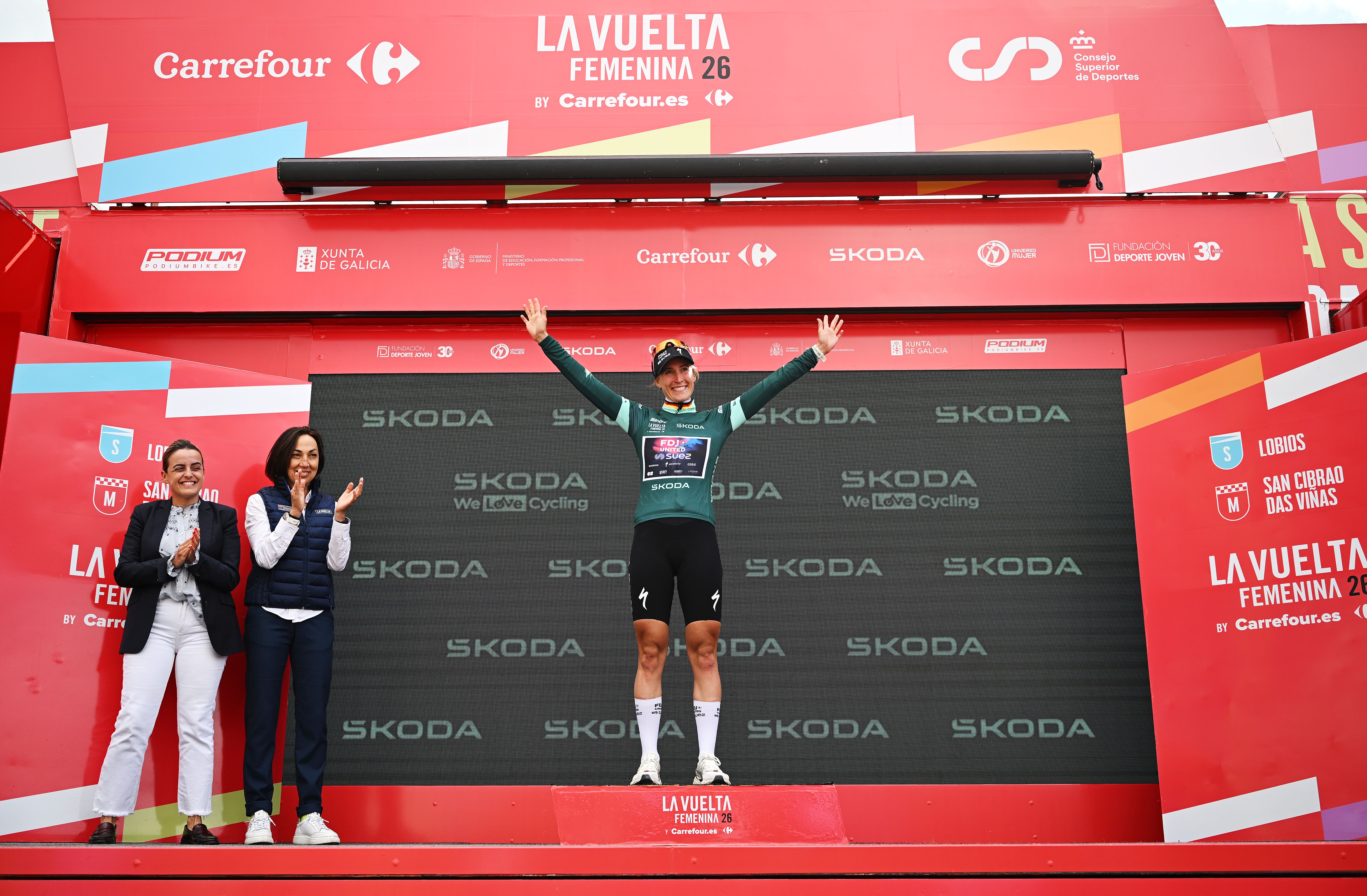 SAN-CIBRAO-DAS-VINAS, SPAIN - MAY 04: Franziska Koch of Germany and Team FDJ United - SUEZ celebrates at podium as Green Points Jersey winner during the 12th La Vuelta Femenina 2026, Stage 2 a 109.8km stage from Lobios to San Cibrao das Vinas / #UCIWWT / on May 04, 2026 in San Cibrao das Vinas, Spain. (Photo by Szymon Gruchalski/Getty Images)
