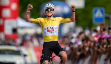UAE Team Emirates-XRG's Slovenian rider Tadej Pogacar celebrates as he crosses the finish line wining the fourth stage of the Tour of Romandie UCI cycling World tour, 149.6 km from Broc and to Charmey, in Charmey, Switzerland, on May, 2, 2026. (Photo by Fabrice COFFRINI / AFP)