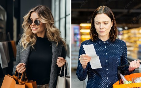 split photo of two different women: one is carrying shopping bags in a high end retail store. The other is looking over a receipt from a grocery shopping as she carries the shopping cart.