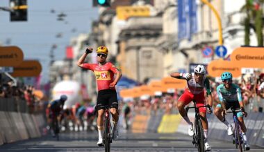 MILAN, ITALY - MAY 24: (L-R) Fredrik Dversnes Lavik of Norway and Team Uno-X Mobility celebrates at finish line as stage winner ahead of Mirco Maestri of Italy and Team Polti VisitMalta and Martin Marcellusi of Italy and Team Bardiani CSF 7 Saber during the 109th Giro d&amp;apos;Italia 2026, Stage 15 a 157km stage from Voghera to Milan / #UCIWT / on May 24, 2026 in Milan, Italy. (Photo by Tim de Waele/Getty Images)