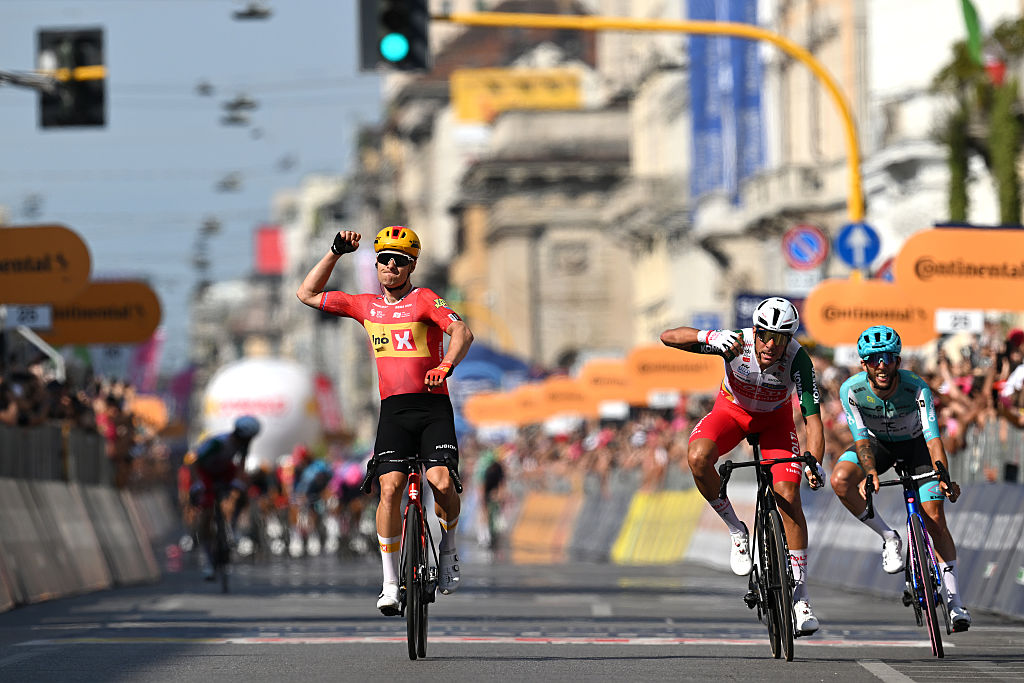 MILAN, ITALY - MAY 24: (L-R) Fredrik Dversnes Lavik of Norway and Team Uno-X Mobility celebrates at finish line as stage winner ahead of Mirco Maestri of Italy and Team Polti VisitMalta and Martin Marcellusi of Italy and Team Bardiani CSF 7 Saber during the 109th Giro d&amp;apos;Italia 2026, Stage 15 a 157km stage from Voghera to Milan / #UCIWT / on May 24, 2026 in Milan, Italy. (Photo by Tim de Waele/Getty Images)