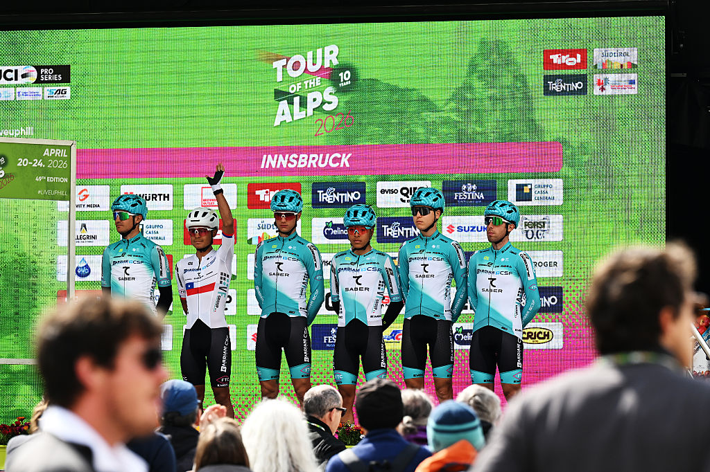 Wide shot of Bardiani CSF 7 Saber team on stage during team presentation for a stage of the Tour of the Alps