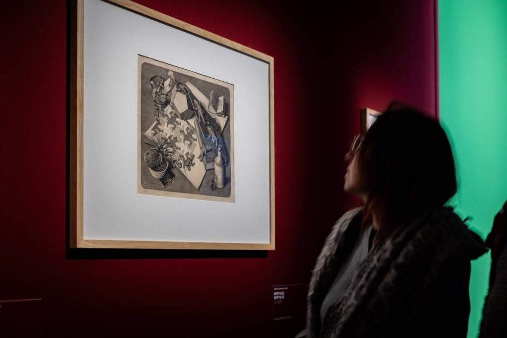 A visitor at the M.C. Escher exhibition looking at the artist's piece titled Mott the Hoople