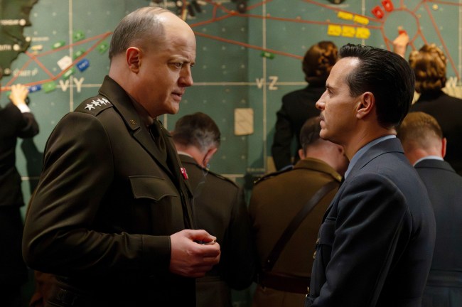 PRESSURE, from left: Brendan Fraser as Dwight D. Eisenhower, Andrew Scott as James Stagg, 2026. ph: Alex Bailey /© Focus Features /Courtesy Everett Collection