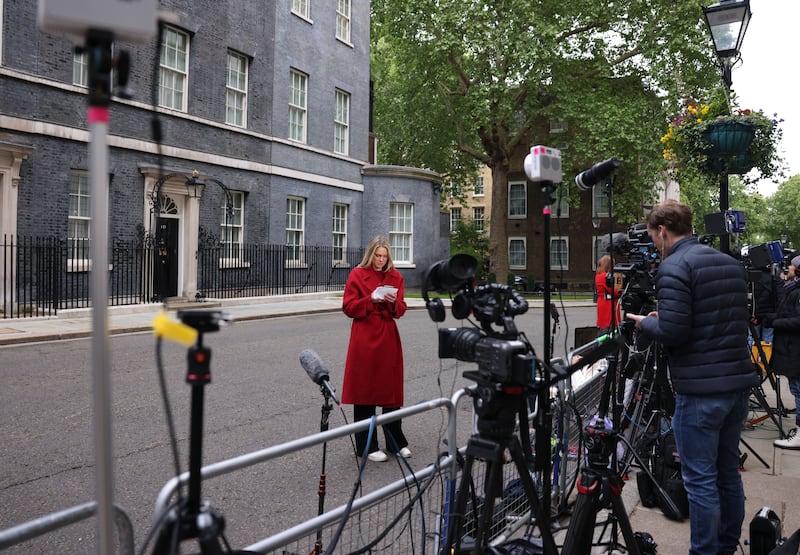 Members of the media gather outside Downing Street in London, awaiting further developments in the Labour leadership challenge. Photograph: EPA