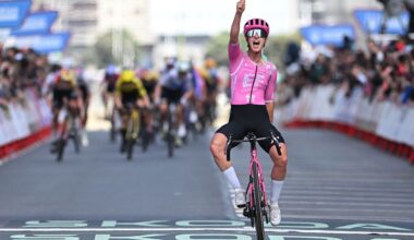 A CORUNA, SPAIN - MAY 05: Cedrine Kerbaol of France and Team EF Education-Oatly celebrates at finish line as stage winner during the 12th La Vuelta Femenina 2026, Stage 3 a 121.2km stage from Padron to A Coruna / #UCIWWT / on May 05, 2026 in A Coruna, Spain. (Photo by Szymon Gruchalski/Getty Images)