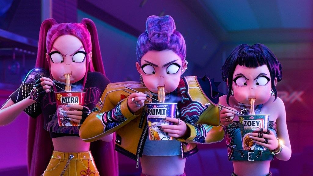 Mira, Rumi, and Zoey eating noodles in KPop Demon Hunters