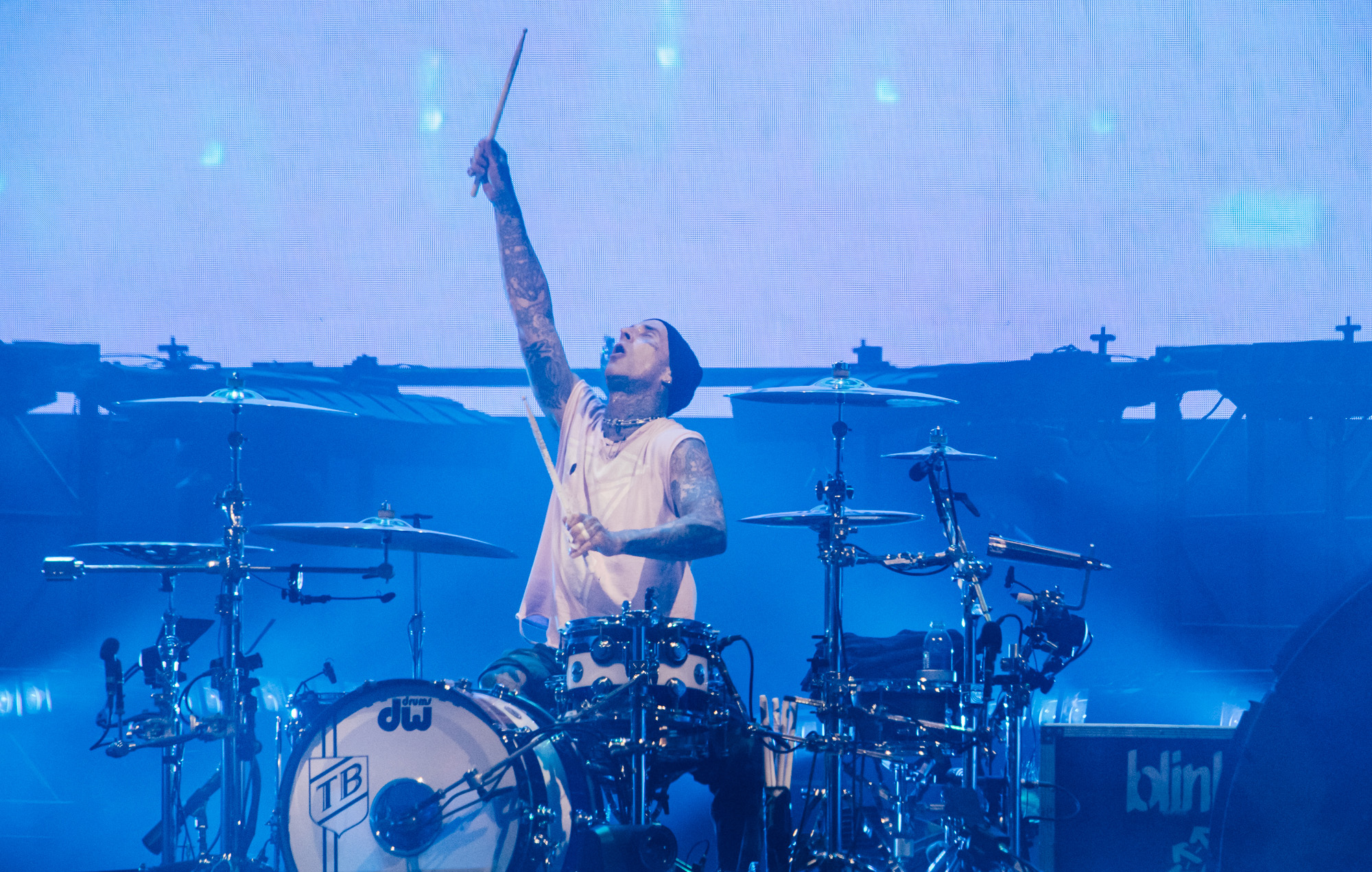 Travis Barker of Blink-182 live at Reading 2024, photo by Andy Ford