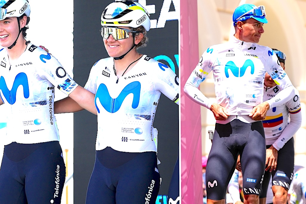 A split image showing the Movistar women's skinsuit (left) and the men's skinsuit (right)