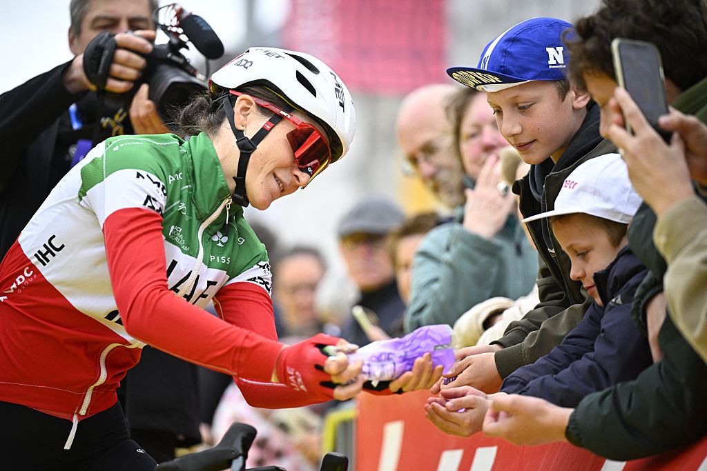 Italian Elisa Longo Borghini of UAE Team ADQ pictured at the start of the women's race of the 'Ronde van Vlaanderen/ Tour des Flandres/ Tour of Flanders' UCI WorldTour one day cycling race, 164,1 km with start and finish in Oudenaarde, Sunday 05 April 2026.BELGA PHOTO JASPER JACOBS (Photo by JASPER JACOBS / BELGA MAG / Belga / AFP via Getty Images)