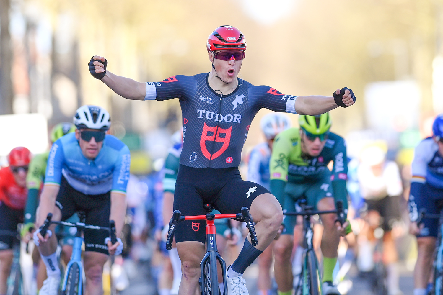 MONTARGIS, FRANCE - MARCH 04: Arvid De Kleijn of The Netherlands and Tudor Pro Cycling Team celebrates at finish line as stage winner during the 82nd Paris - Nice 2024, Stage 2 a 177.6km stAage from Thoiry to Montargis / #UCIWT / on March 04, 2024 in Montargis, France. (Photo by Alex Broadway/Getty Images)