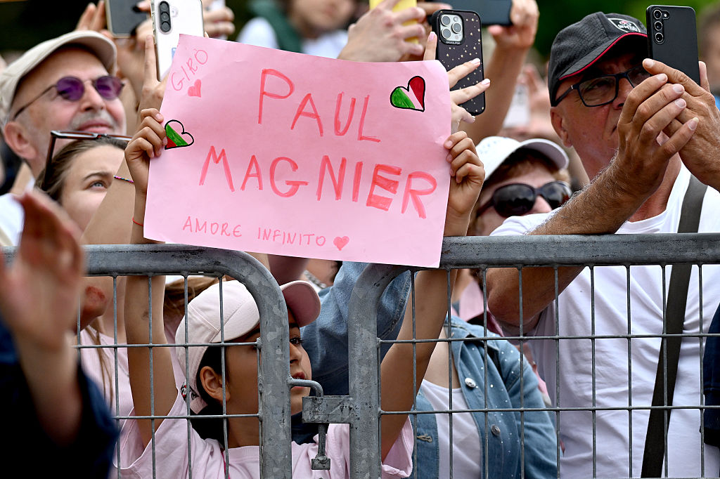SOFIA, BULGARIA - MAY 10: Fans of Paul Magnier of France and Team Soudal Quick-Step cheers at finish line during the 109th Giro d'Italia 2026, Stage 3 a 175km stage from Plovdiv to Sofia / #UCIWT / on May 10, 2026 in Sofia, Bulgaria. (Photo by Dario Belingheri/Getty Images)