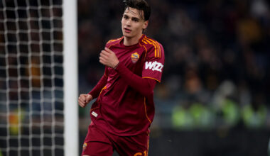 ROME, ITALY - FEBRUARY 22: Niccolo Pisilli of AS Roma celebrates after scoring the team