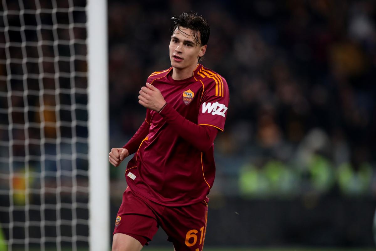 ROME, ITALY - FEBRUARY 22: Niccolo Pisilli of AS Roma celebrates after scoring the team