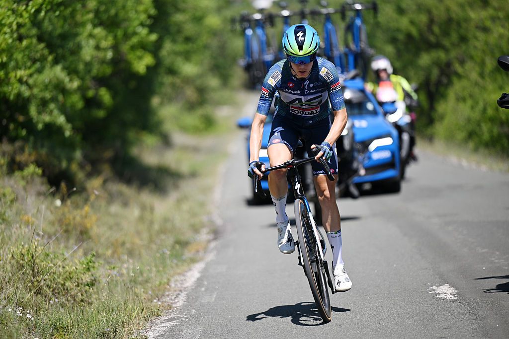MEDINA DE POMAR, SPAIN - MAY 23: Mireia Benito of Spain and Team AG Insurance - Soudal attacks during the 11th Vuelta a Burgos Feminas 2026, Stage 3 a 126km stage from Busto de Bureba to Medina de Pomar / #UCIWWT / on May 23, 2026 in Medina de Pomar, Spain. (Photo by Szymon Gruchalski/Getty Images)