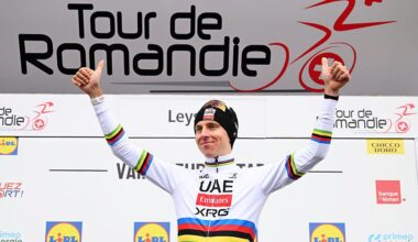 LEYSIN, SWITZERLAND - MAY 03: Tadej Pogacar of Slovenia and UAE Team Emirates - XRG celebrates at podium as stage winner during the 79th Tour de Romandie 2026, Stage 5 a 178.2km from Lucens to Leysin 1312m / #UCIWT / on May 03, 2026 in Leysin, Switzerland. (Photo by Dario Belingheri/Getty Images)