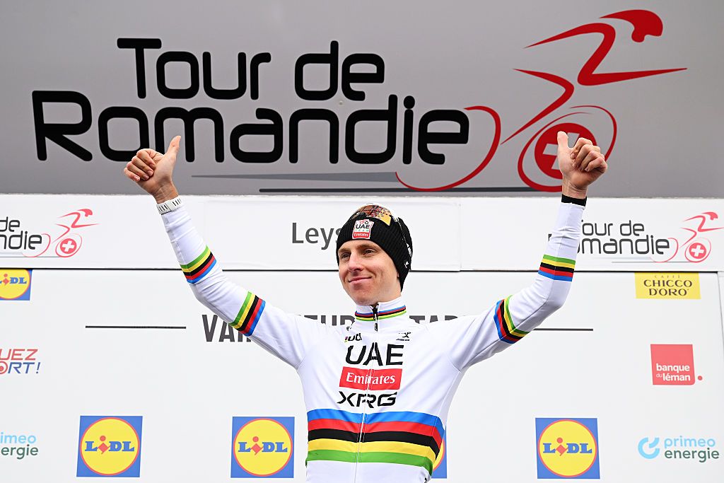 LEYSIN, SWITZERLAND - MAY 03: Tadej Pogacar of Slovenia and UAE Team Emirates - XRG celebrates at podium as stage winner during the 79th Tour de Romandie 2026, Stage 5 a 178.2km from Lucens to Leysin 1312m / #UCIWT / on May 03, 2026 in Leysin, Switzerland. (Photo by Dario Belingheri/Getty Images)