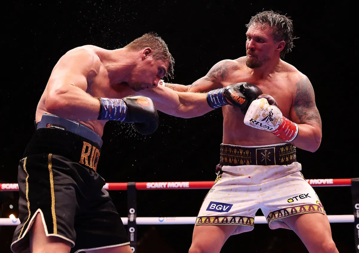 Oleksandr Usyk, attacking from the right of picture, turns up the heat on Rico Verhoeven