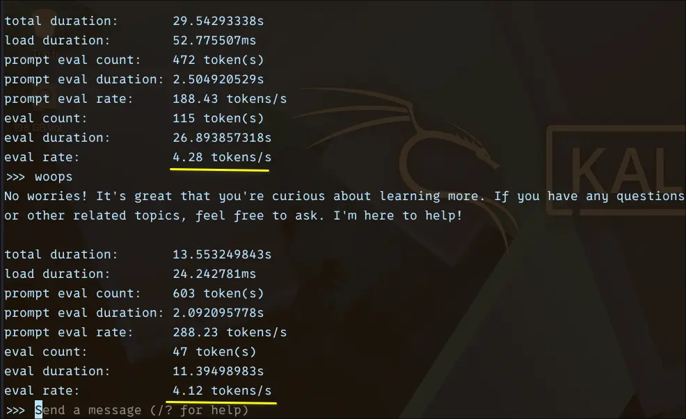 Ollama benchmark for Openhermes 7B in CPU inference mode