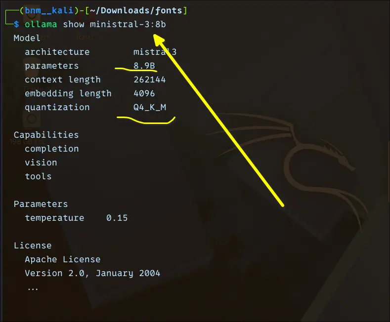 Screenshot of Ollama show commands for ministral-3 LLM AI model