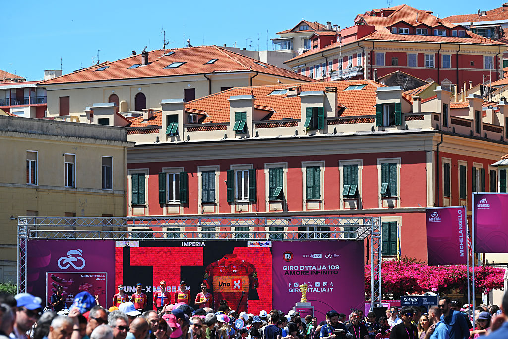 IMPERIA, ITALY - MAY 21: Markus Hoelgaard of Norway, Johannes Kulset of Norway, Fredrik Dversnes Lavik of Norway, Andreas Leknessund of Norway, Sakarias Koller Loland of Norway, Martin Tjotta of Norway and Team Uno-X Mobility prior to the 109th Giro d&amp;apos;Italia 2026, Stage 12 a 175km stage from Imperia to Novi Ligure / #UCIWT / on May 21, 2026 in Imperia, Italy. (Photo by Tim de Waele/Getty Images)
