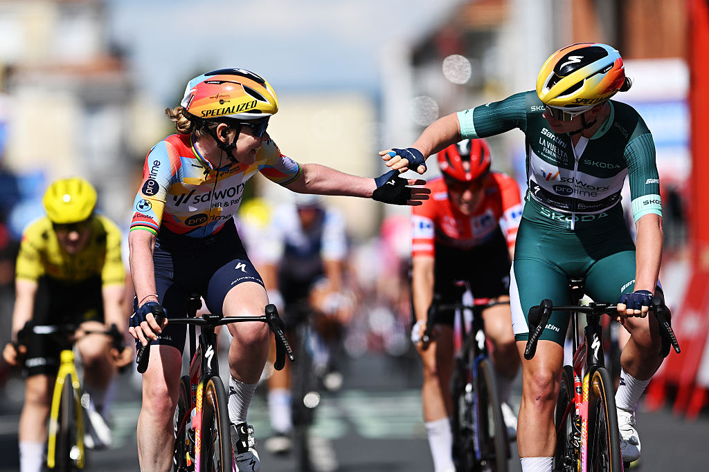 Stage winner Lotte Kopecky (SD Worx-Protime) with team mate Anna van der Breggen after winning stage 4 of the 2026 Vuelta Femenina in Antas de Ulla, Spain. (Photo by Szymon Gruchalski/Getty Images)