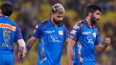 From left, Mumbai Indians' Raj Bawa, captain Hardik Pandya and Jasprit Bumrah after Chennai Super Kings won the Indian Premier League (IPL) 2026 T20 cricket match, in Chennai (PTI)