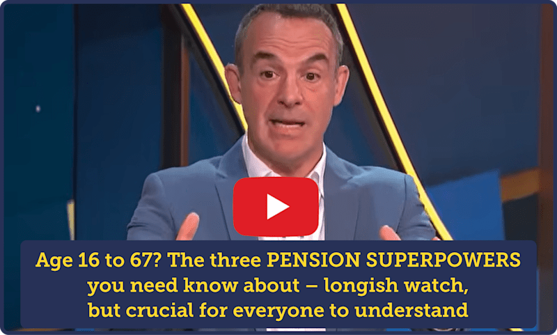 A still from Martin's ITV show about pensions, with a caption reading "Aged 16 to 67? The three PENSION SUPERPOWERS you need know about - longish watch, but crucial for everyone to understand'. Link takes you to the video on YouTube.