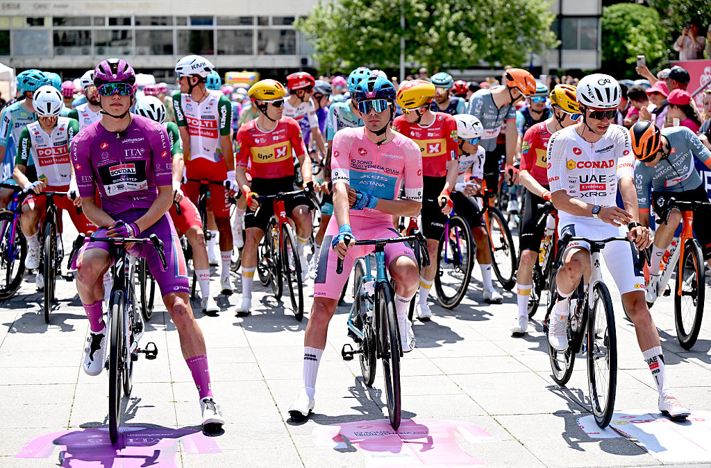 PLOVDIV, BULGARIA - MAY 10: (L-R) Paul Magnier of France and Team Soudal Quick-Step - Purple Points Jersey, Guillermo Thomas Silva of Uruguay and Team XDS Astana - Pink Leader Jersey and Jan Christen of Switzerland and UAE Team Emirates - XRG - White Best Young Rider Jersey prior to the 109th Giro d&amp;apos;Italia 2026, Stage 3 a 175km stage from Plovdiv to Sofia / #UCIWT / on May 10, 2026 in Plovdiv, Bulgaria. (Photo by Dario Belingheri/Getty Images)