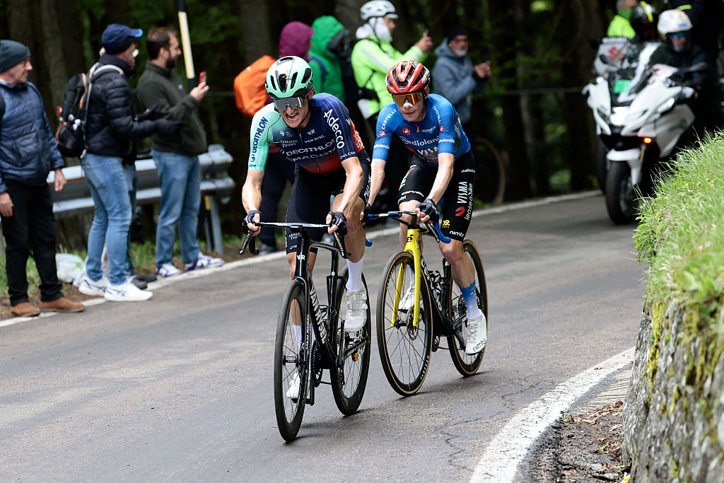 Decathlon CMA CGM Team Austrian rider Felix Gall rides in front of Team Visma Lease a Bike Danish rider Jonas Vingegaard during the 9th stage of the Giro d'Italia 2026 - Tour of Italy cycling race between Cervia and Corno alle Scale, central Italy on May 17, 2026. (Photo by Luca Bettini / AFP)