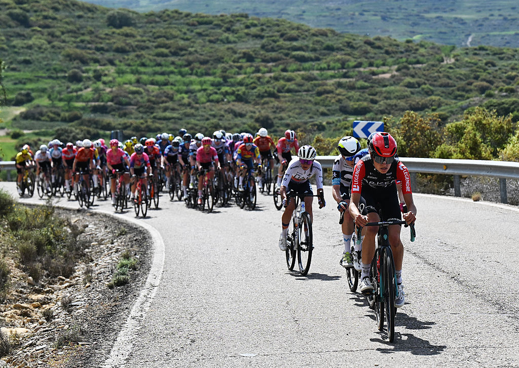 Erica Magnaldi of Italy and UAE Team ADQ Valentina Cavallar of Austria and Team Arkea BB Hotels Women attack during the 11th La Vuelta Femenina 2025 Stage 4 a 1116km stage from Pedrola to Borja