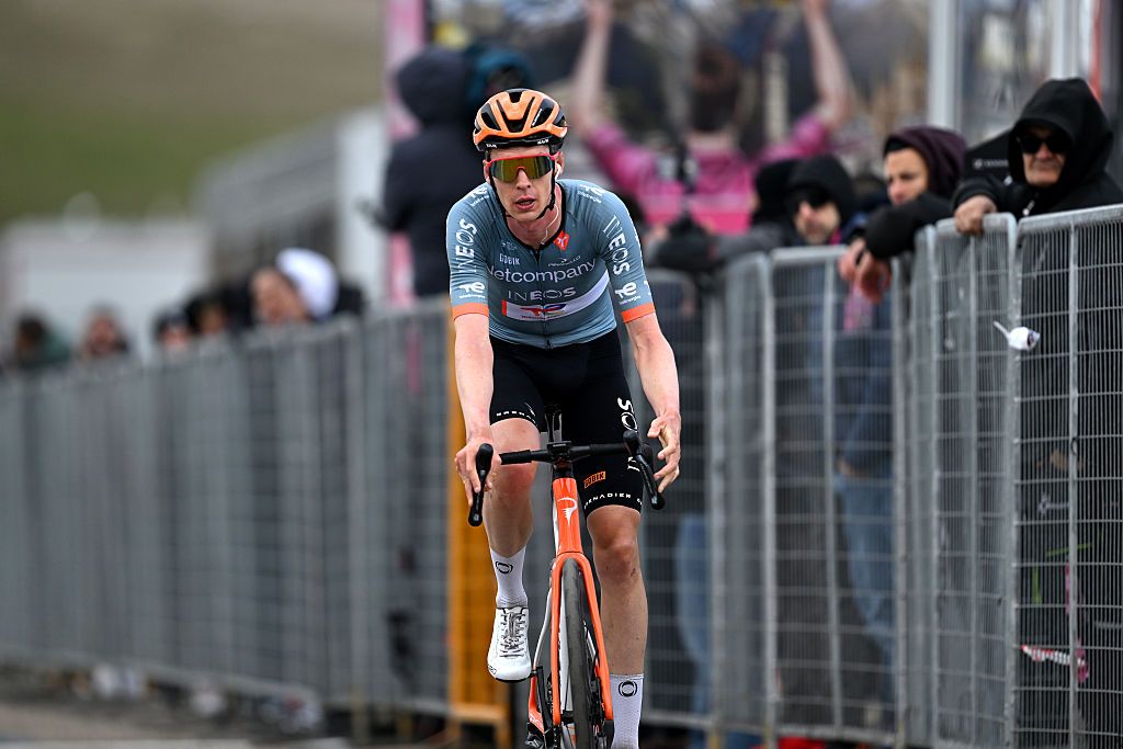 BLOCKHAUS, ITALY - MAY 15: Thymen Arensman of Netherlands and Netcompany INEOS Cycling Team crosses the finish line during the 109th Giro d&amp;apos;Italia 2026, Stage 7 a 244km stage from Formia to Blockhaus 1658m / #UCIWT / on May 15, 2026 in Blockhaus, Italy. (Photo by Tim de Waele/Getty Images)