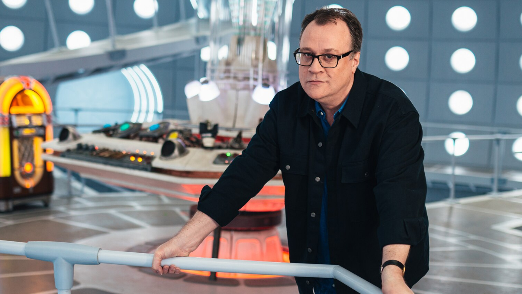 Russell T Davies, the Doctor Who showrunner, at the 14th/15th Doctor's TARDIS console