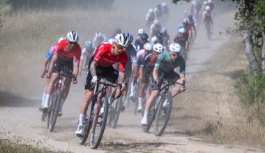 Men's elite field at 2026 Sea Otter Classic Gravel led by Keegan Swenson (centre) and Matt Beers (left)