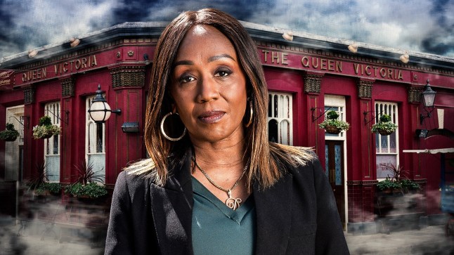 Denise in front of the Queen Vic in EastEnders