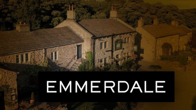 A dark view over the Emmerdale village with the logo overlaid.