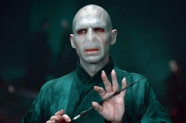 Ralph Fiennes as Voldemort in Harry Potter, holding a wand.