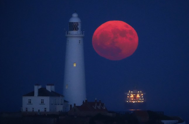 The full moon, also known as the Flower Moon, rises through the sea mist at St Mary's Lighthouse in Whitley Bay. on the North East coast of ENgland. Picture date: Monday May 12, 2025. PA Photo. Photo credit should read: Owen Humphreys/PA Wire