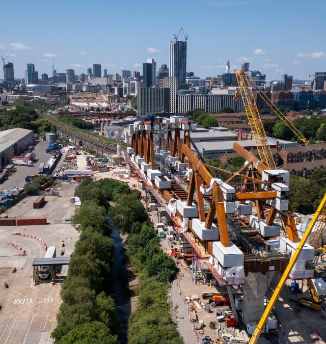 BIRMINGHAM, ENGLAND - JUNE 18: In this aerial view the HS2 Curzon No.2 Viaduct takes shape as construction continues on June 18, 2025 in Birmingham, England. The Transport Secretary, Heidi Alexander, announces a two-year delay to the HS2 project, accusing the previous government of a 