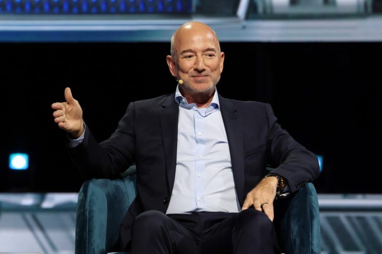 MIAMI, FLORIDA - NOVEMBER 06: Jeff Bezos, Founder and Executive Chairman of Amazon speaks onstage during day 2 of the America Business Forum at Kaseya Center on November 06, 2025 in Miami, Florida. (Photo by Alexander Tamargo/Getty Images for America Business Forum)