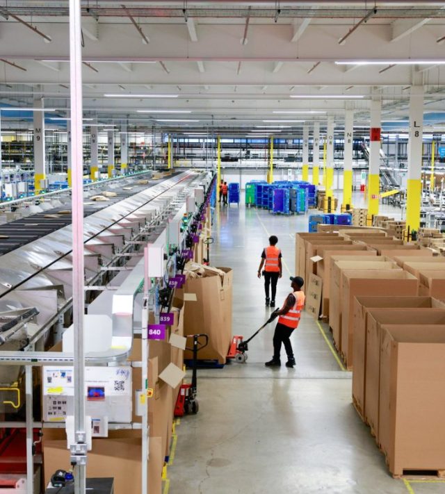 An Amazon.com Inc. fulfillment centre in Dartford, UK, on Monday, July 7, 2025. Amazon.com's big Prime Day summer sale kicks off Tuesday. Photographer: Jason Alden/Bloomberg via Getty Images