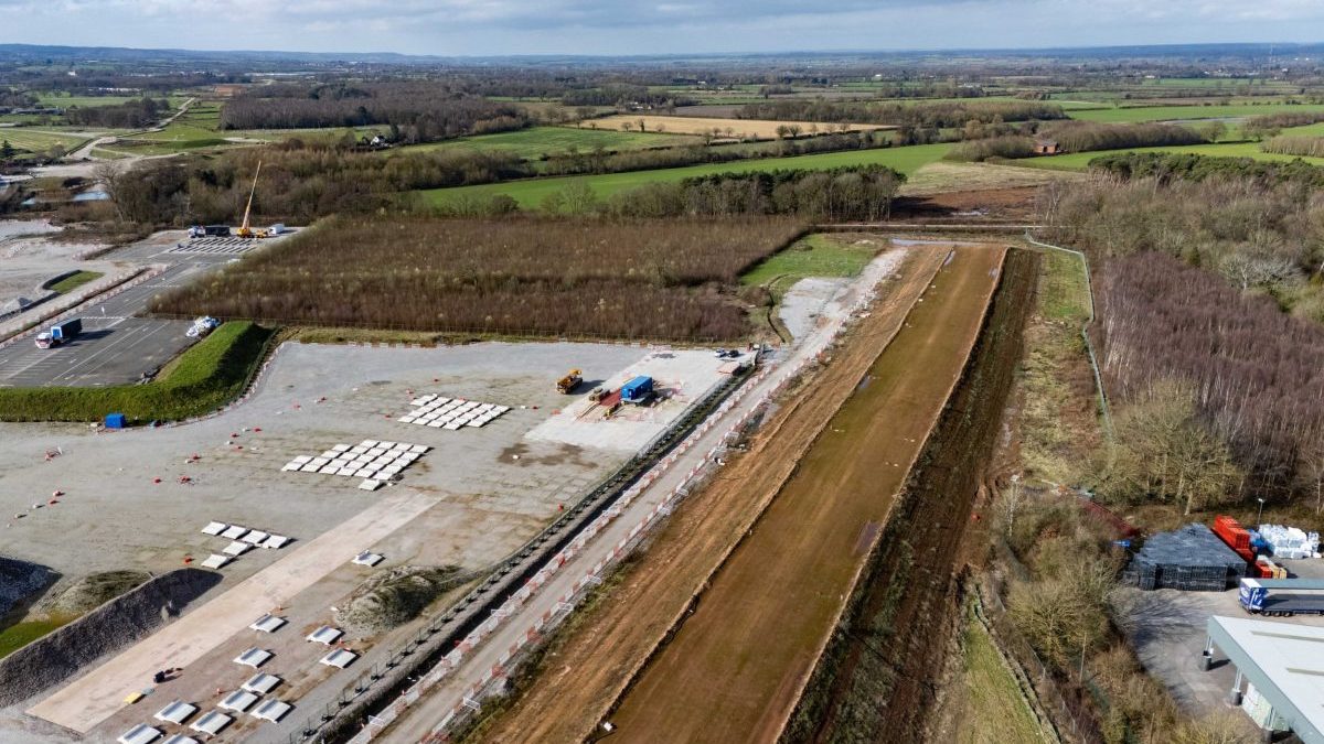 Aerial views of an embankment in a Staffordshire field where the HS2 tracks will come to a very abrupt end.