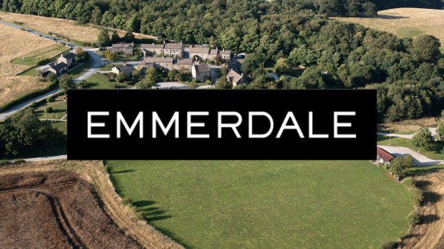 A view of the Yorkshire Dales and fields with the Emmerdale logo in front of it.